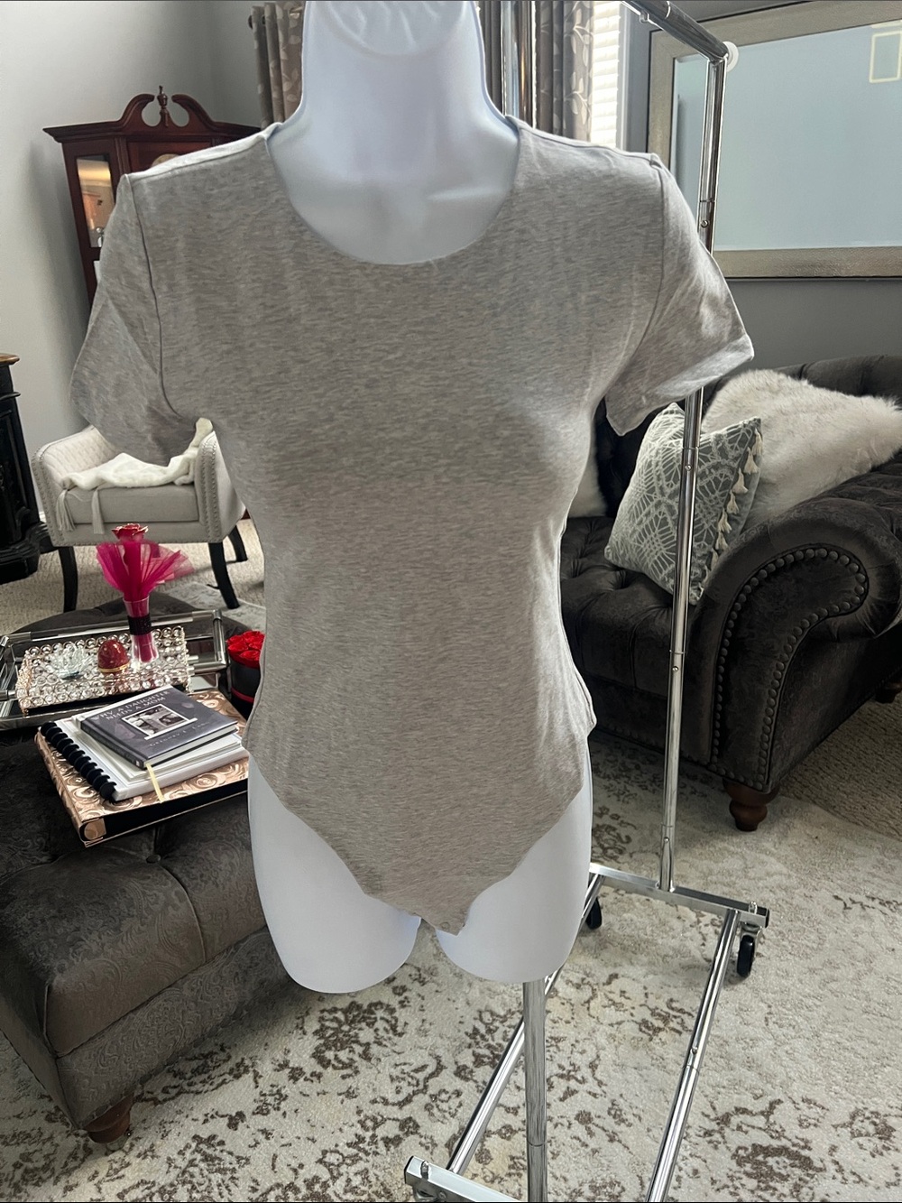 Aritzia Light Grey Scoop Neck Short Sleeve Bodysuit